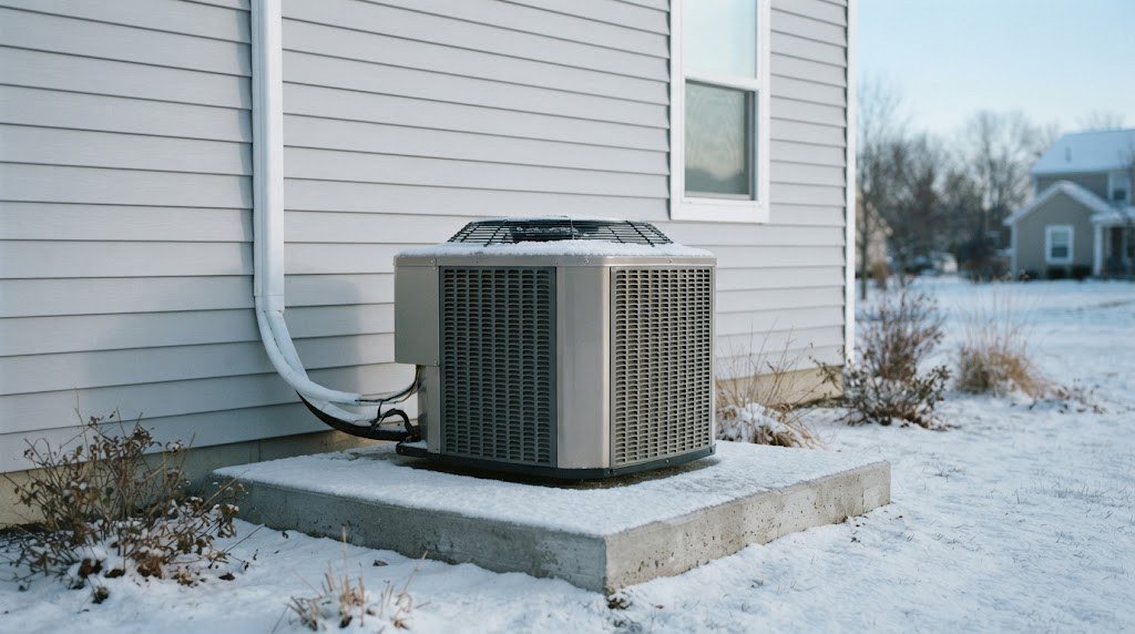 Outdoor air-source heat pump unit in winter snow