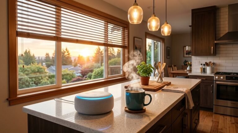 Smart speaker running a good morning Alexa routine in a sunny kitchen