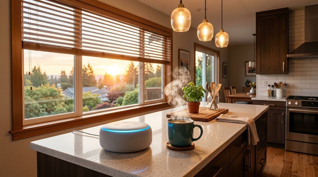 Smart speaker running a good morning Alexa routine in a sunny kitchen
