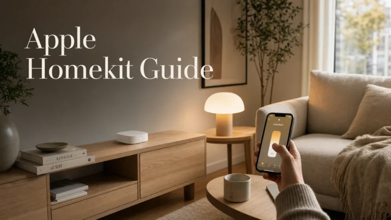 Illustration showing a home control gesture near a side table, for an article on Apple Homekit Guide.