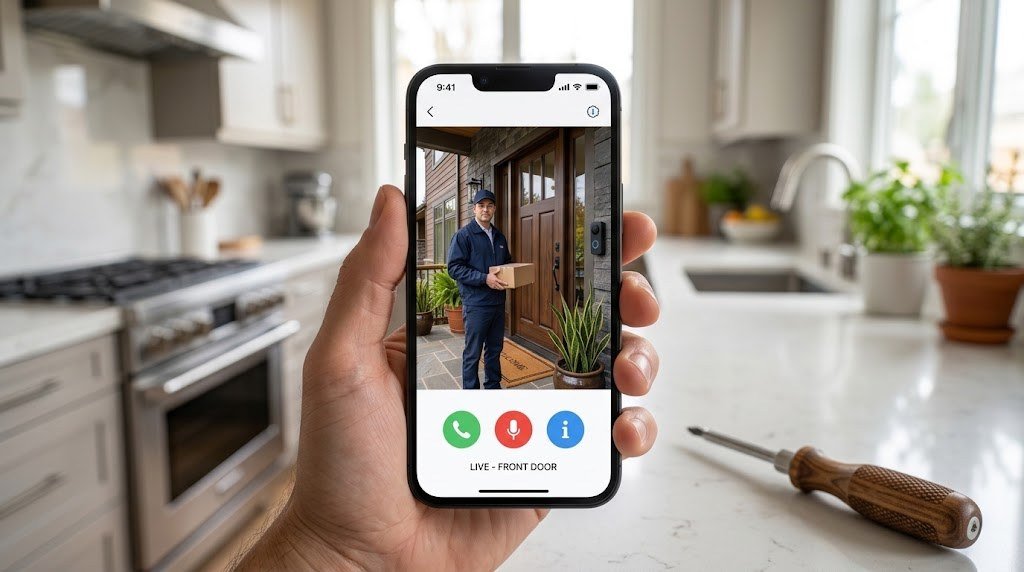 Live video doorbell feed on a smartphone showing a delivery driver at the front door