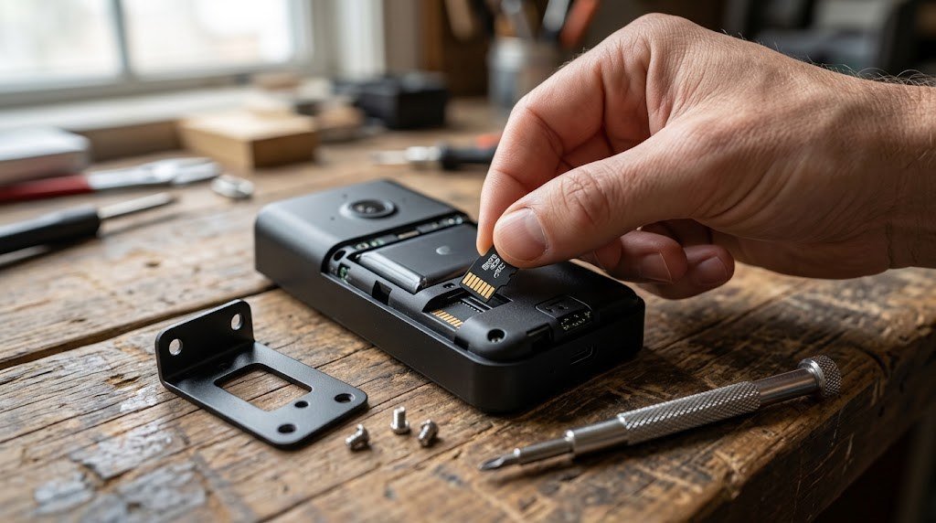 Inserting a microSD card into a video doorbell for local storage without subscription
