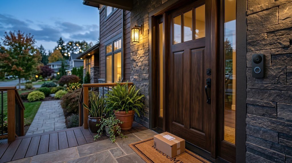 Video doorbell camera with no subscription mounted beside a front door at dusk