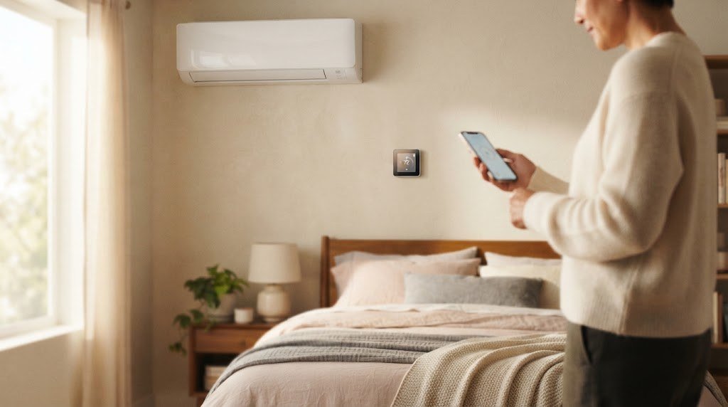 Ductless mini-split heat pump with a smart AC controller in a bedroom