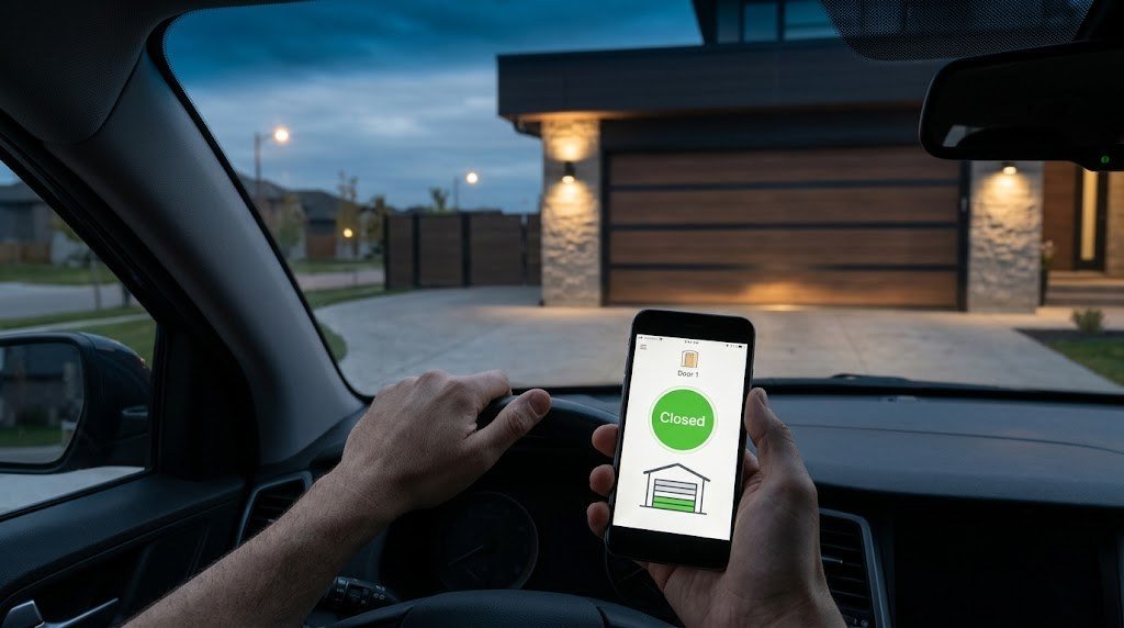 Smartphone app confirming the garage door is closed from inside the car