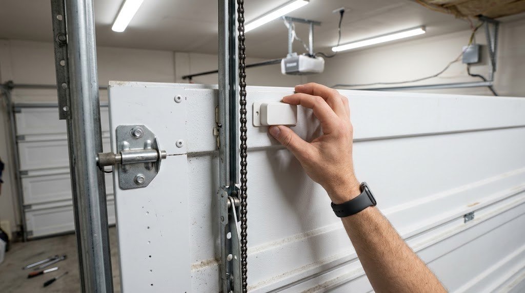 Installing a wireless tilt sensor on a garage door for a smart garage controller