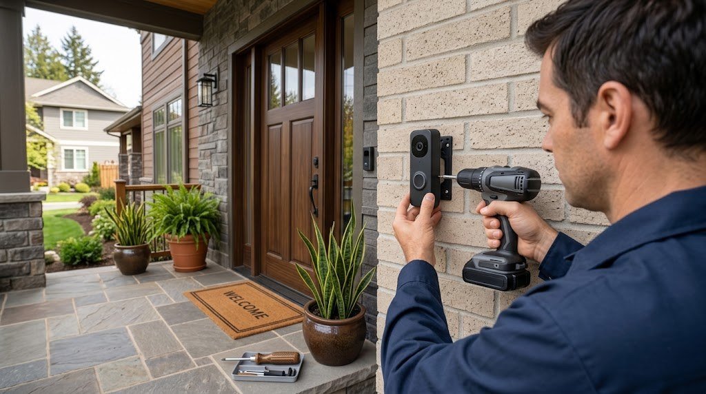 Homeowner installing a video doorbell camera on a brick wall beside the front door