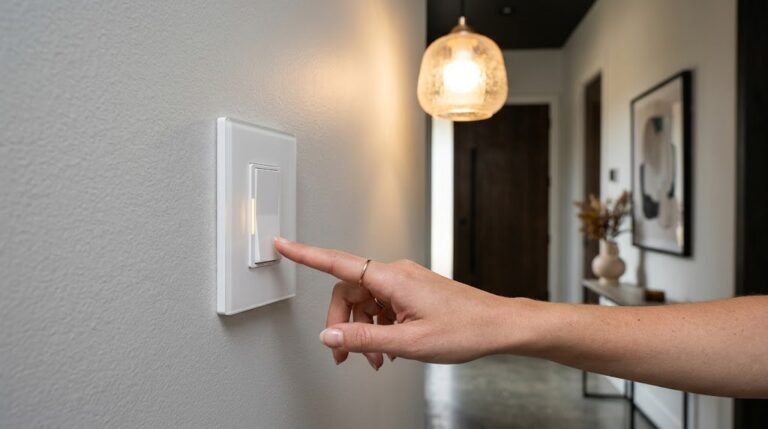 No neutral smart light switch dimmer installed on a hallway wall