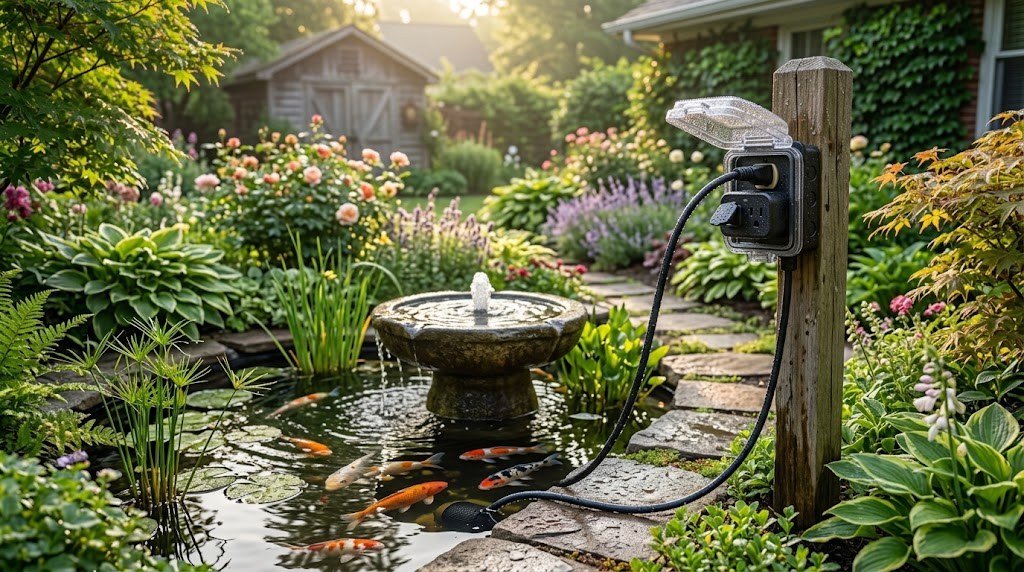 Outdoor smart plug scheduling a garden fountain pump