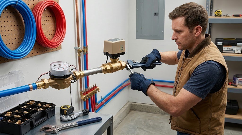 Plumber installing an inline smart water shut off valve on the main water line