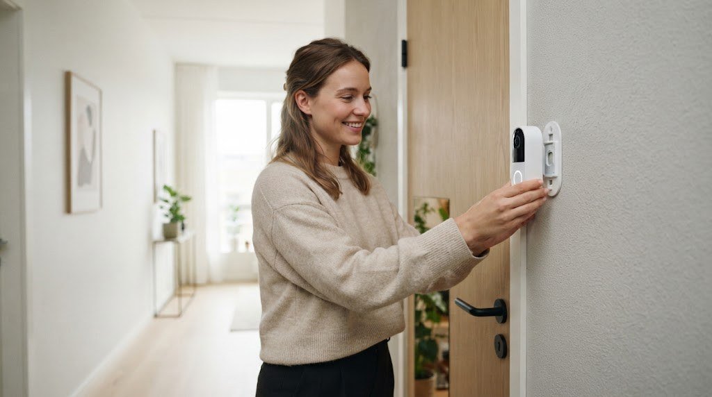 Renter installing a wireless doorbell camera with a no drill adhesive mount