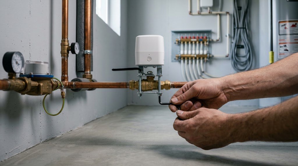 Retrofit smart water valve controller clamped onto a quarter-turn ball valve
