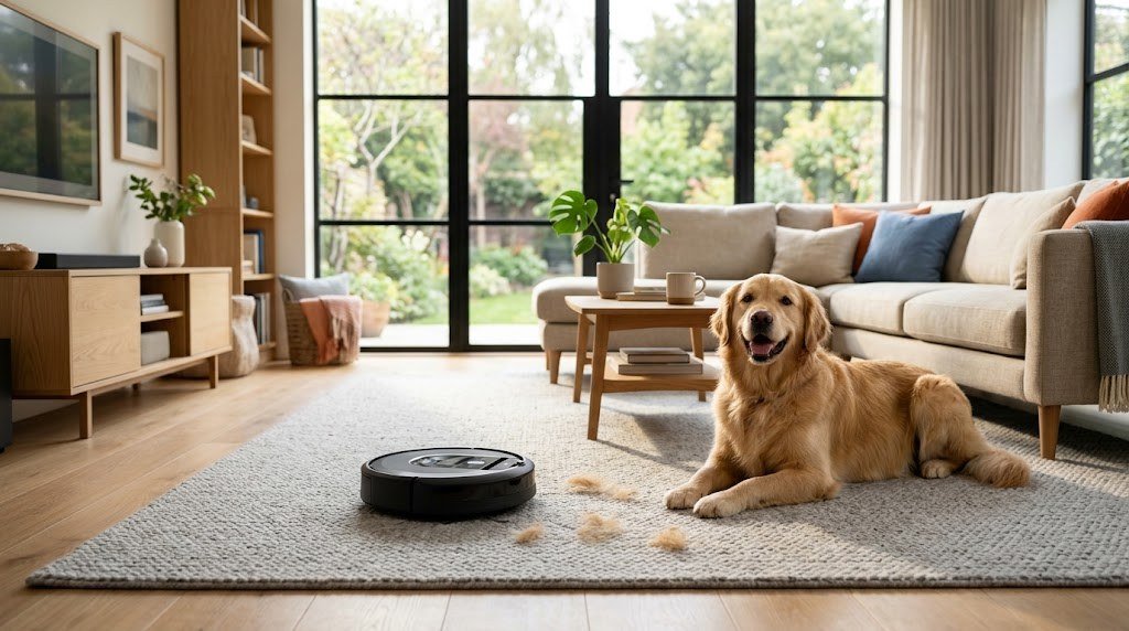 Robot vacuum for pet hair cleaning a rug next to a golden retriever