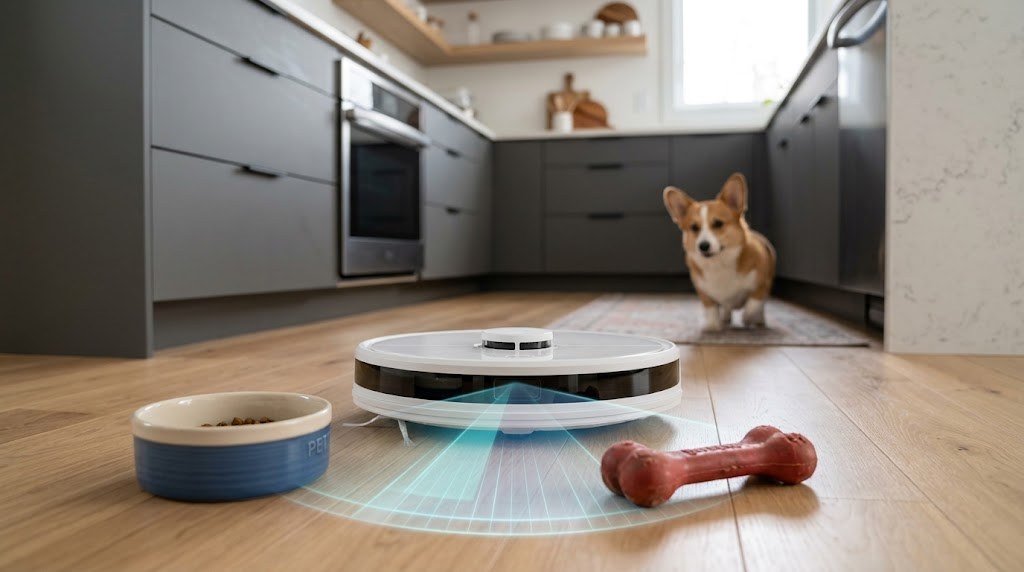 Robot vacuum using obstacle avoidance to steer around pet toys and a food bowl