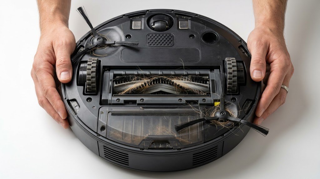 Tangle-free rubber roller brush on the underside of a robot vacuum for pet hair