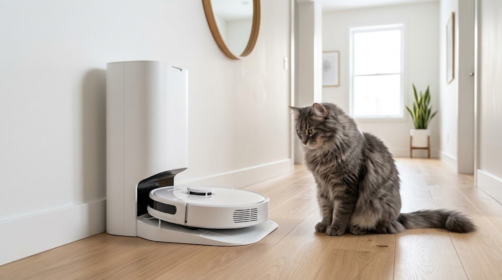 Self-emptying robot vacuum dock in a hallway with a cat sitting nearby