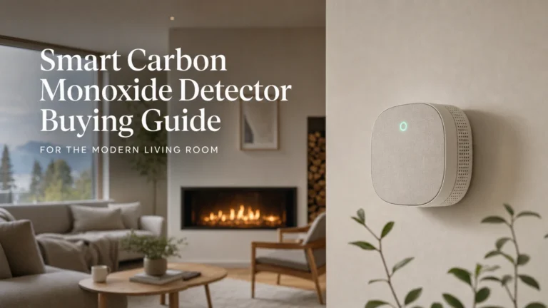 Smart carbon monoxide detector mounted on a living room wall near a gas fireplace in a Scandinavian interior
