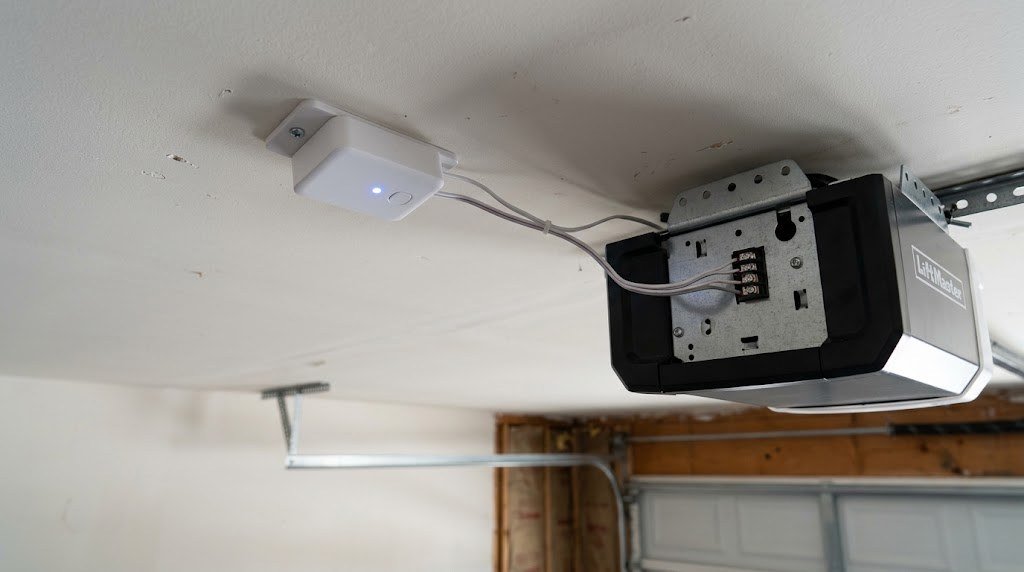 Smart garage door controller retrofit kit mounted next to an existing garage door opener