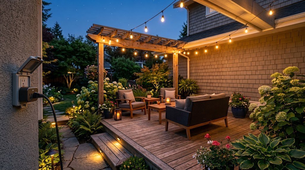 Smart outdoor plug controlling patio string lights at dusk