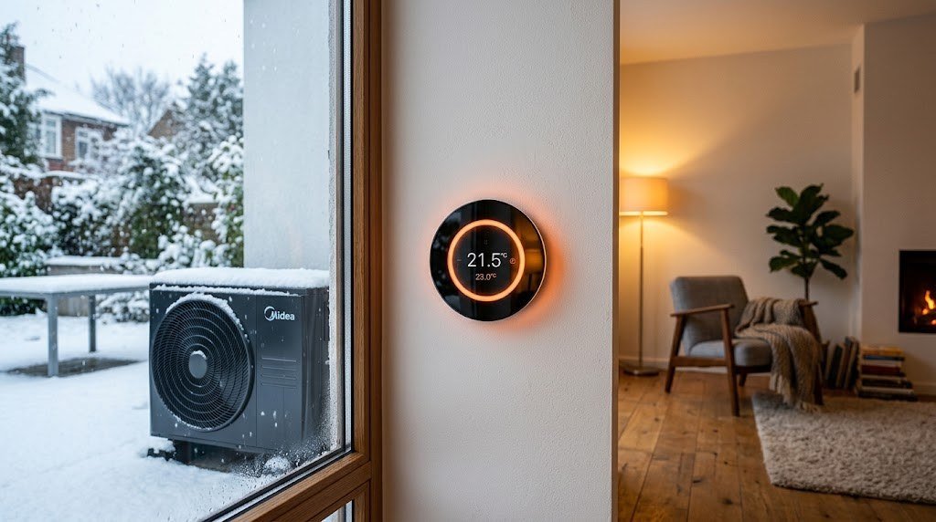 Smart thermostat for a heat pump system in a cozy living room in winter