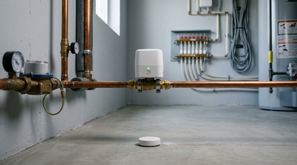 Smart water shut off valve installed on the main water line in a basement