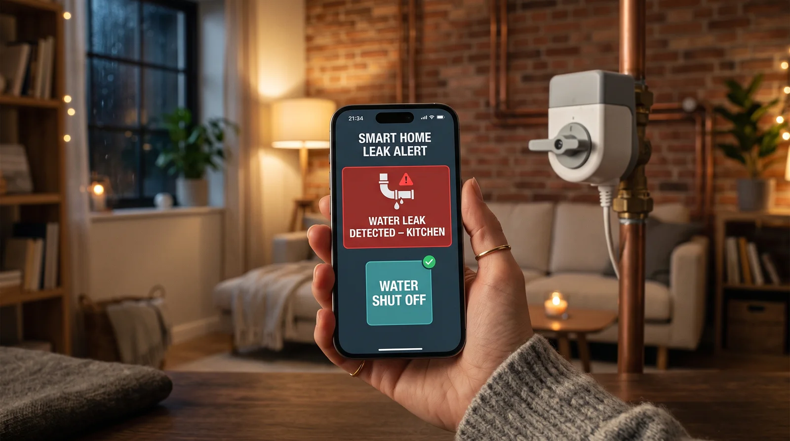 Smartphone showing a water leak alert with a smart water shutoff valve on a copper pipe