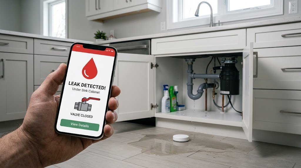 Phone leak alert after a water leak sensor detects water under the kitchen sink and the smart valve closes