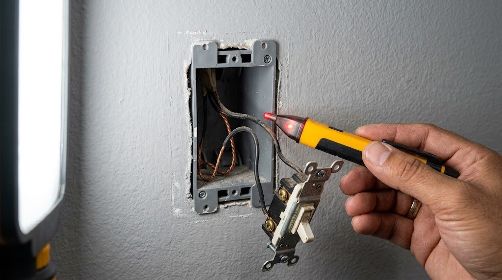 Wall switch box without a neutral wire being checked with a voltage tester