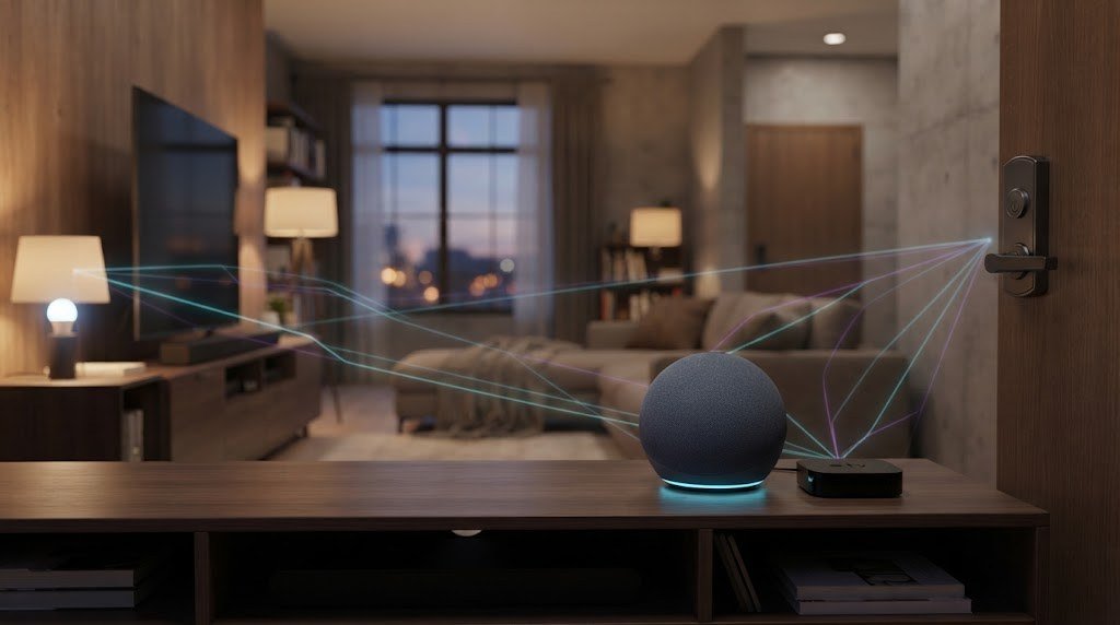 Smart speaker and streaming box acting as Thread border routers in a living room