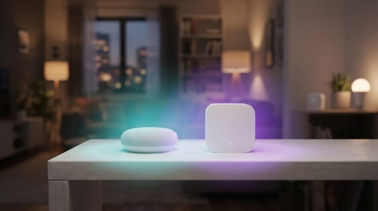 Thread vs Zigbee smart home hubs sending wireless signals across a living room