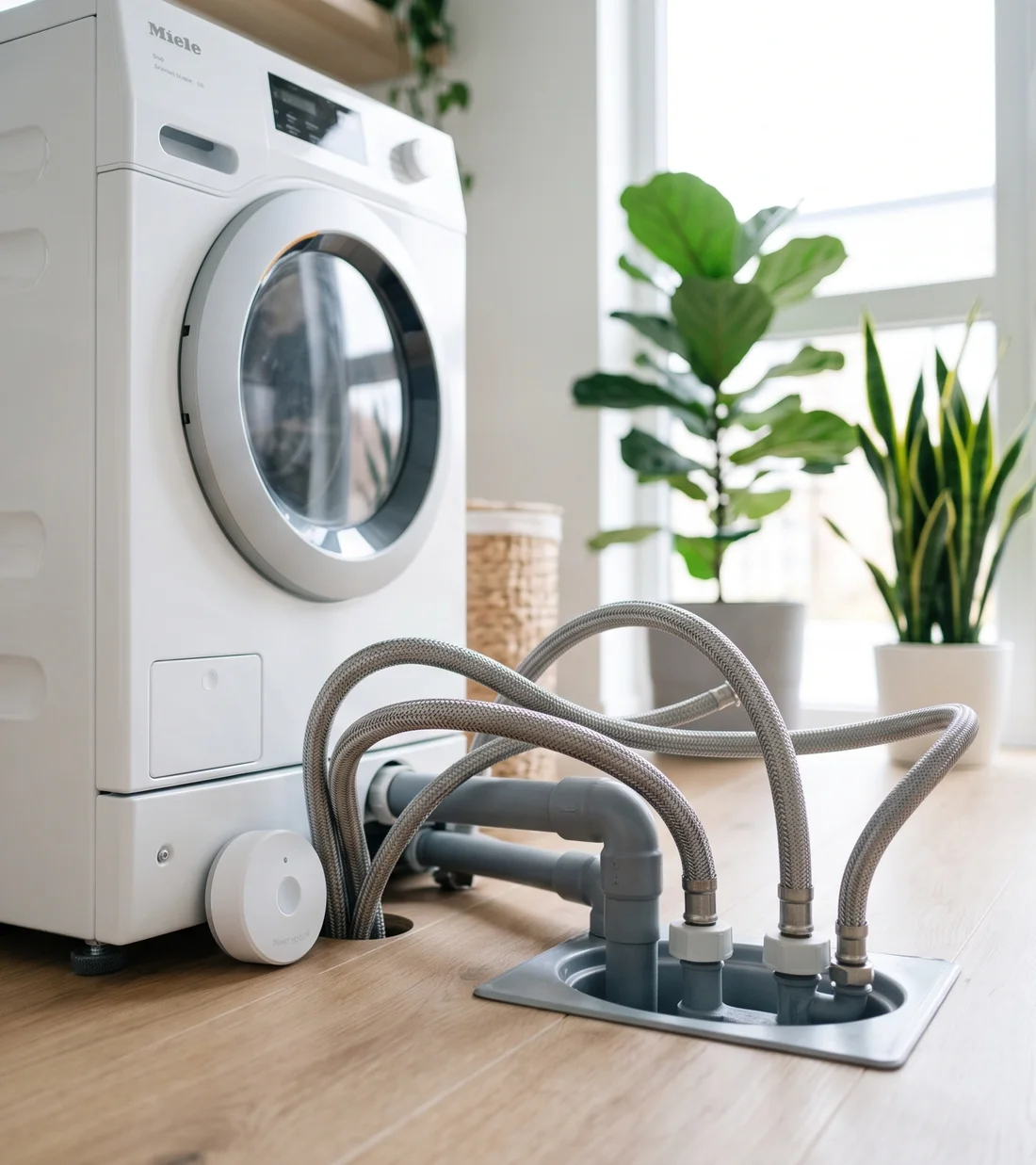 Smart water leak sensor placed on the floor beside a washing machine with braided hoses