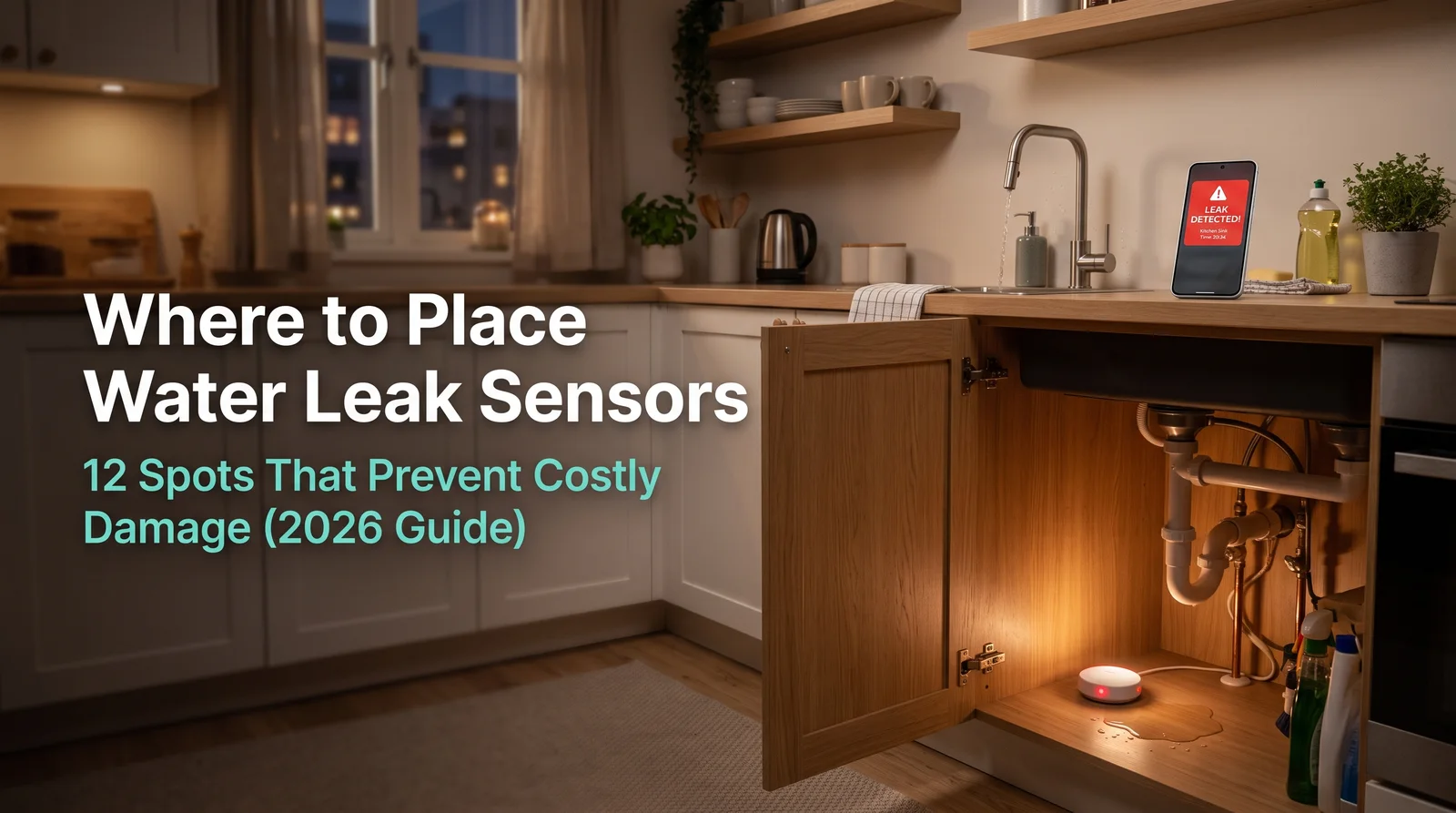 Smart water leak sensor under a kitchen sink with a leak detected alert on a phone