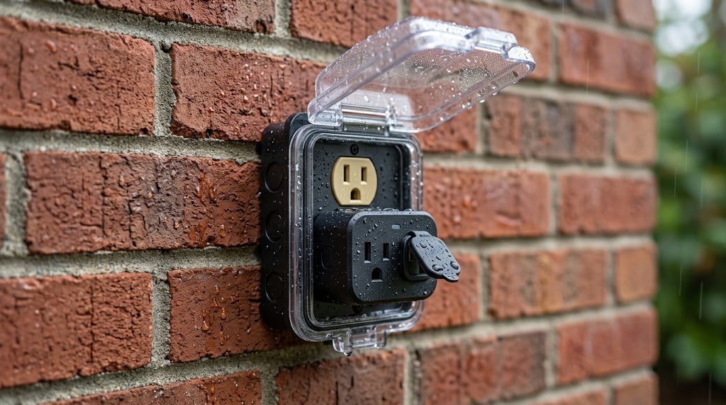 Weatherproof outdoor smart plug in an exterior outlet with an in-use cover