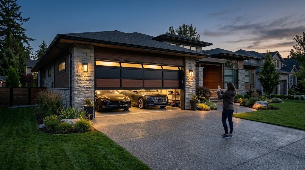 Smart WiFi garage door opener controlled from a smartphone in the driveway