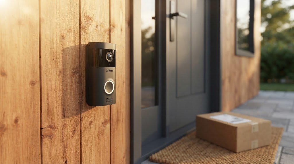 Wireless battery powered video doorbell camera with no subscription beside a modern front door