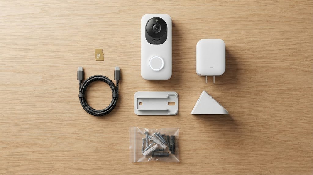Wireless video doorbell kit with bracket, wedge mount, chime, microSD card and USB-C cable