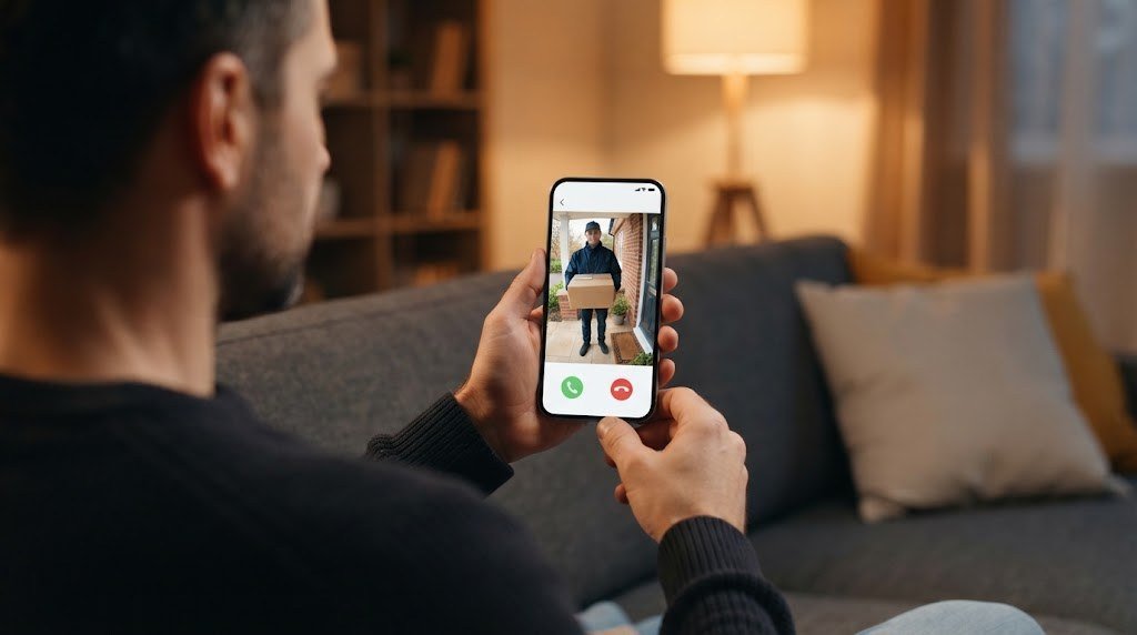 Answering a wireless doorbell camera from a smartphone while a courier waits at the door