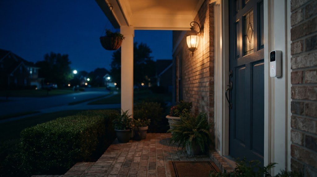 Wireless doorbell camera with night vision on a front porch at night