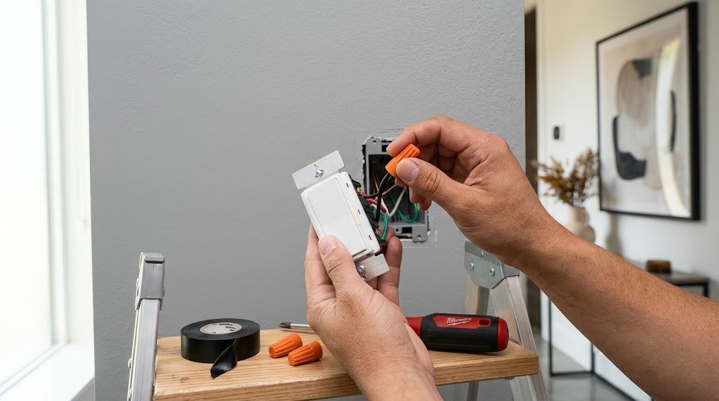 Connecting wires to a no neutral smart dimmer switch with wire nuts