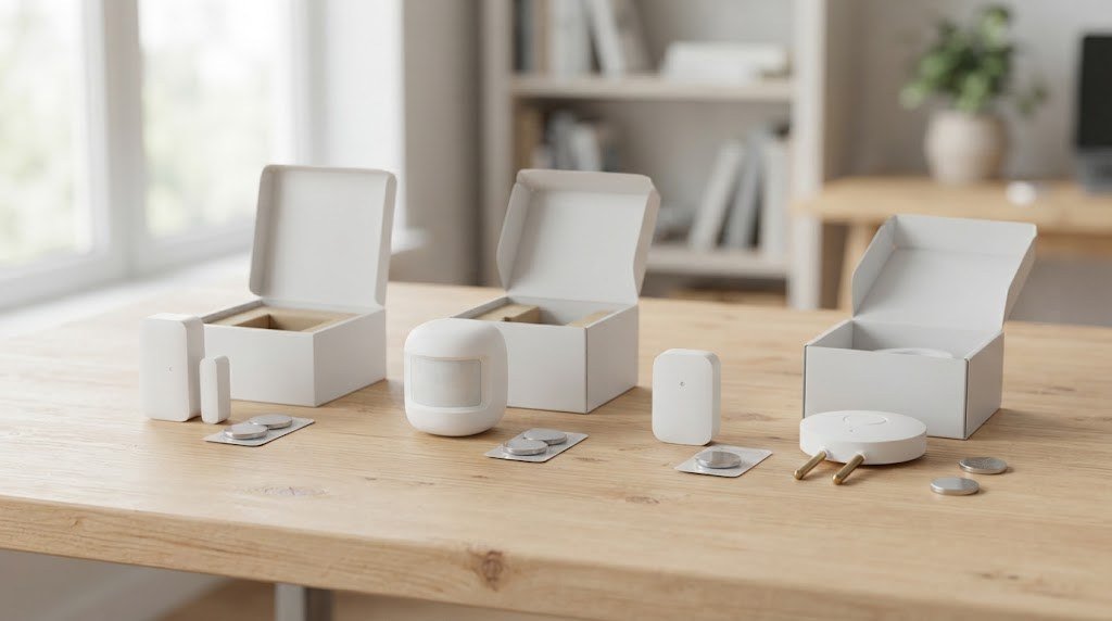 Affordable Zigbee and Thread smart sensors arranged on a desk