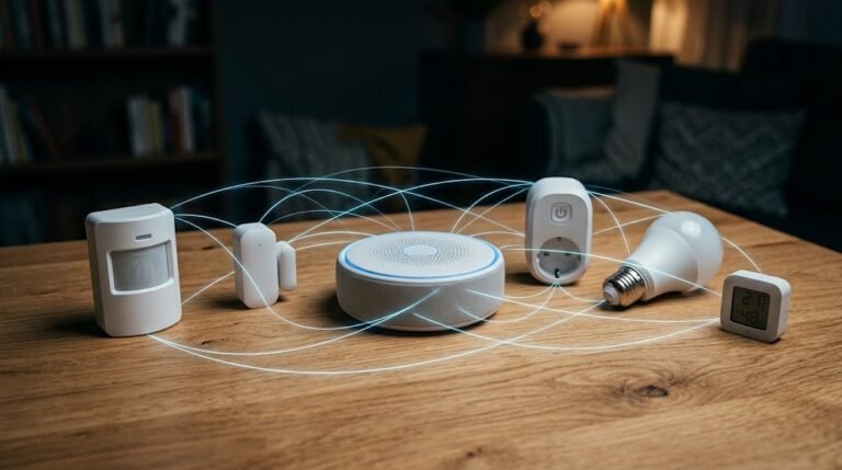 Zigbee, Z-Wave and Thread smart home devices connected in a mesh network