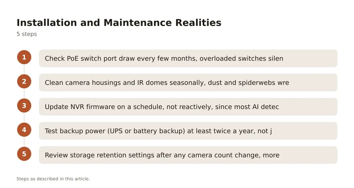A five-step diagram showing the process of running cable, mounting cameras, connecting to the NVR, testing, and maintaining the system.