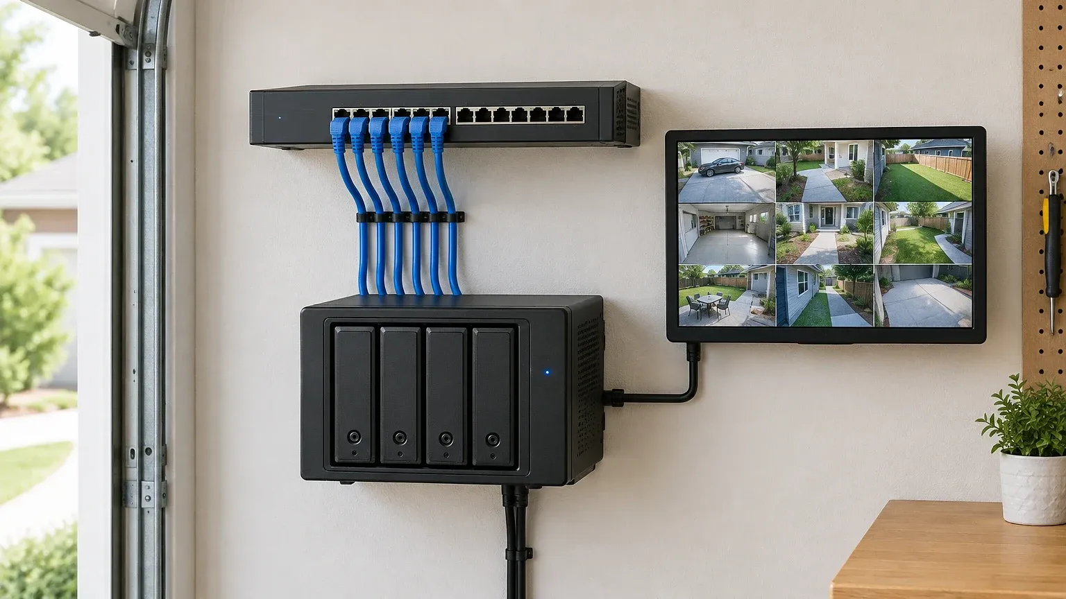 A photo-realistic scene of a home NVR setup with cables running to a populated PoE switch and drive array.