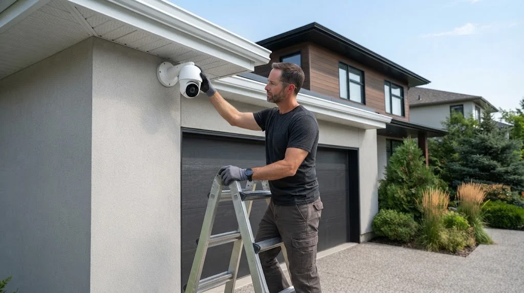 Person on a ladder adjusting the angle of an outdoor security camera under the eave toward the driveway