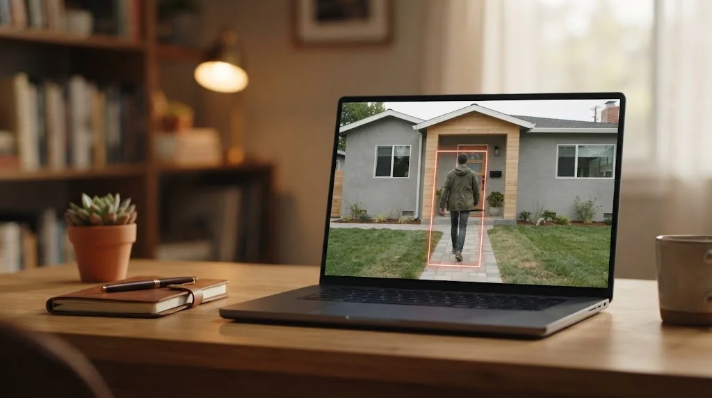 Laptop showing a security camera view of a front yard with a person highlighted by an AI detection box