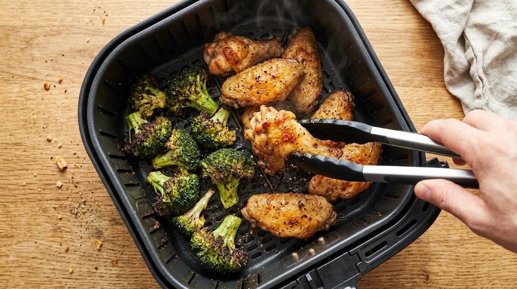 Crispy chicken wings and roasted broccoli in an air fryer basket being turned with tongs