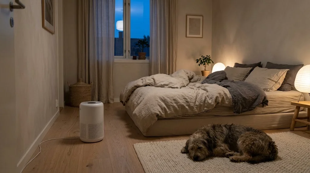 Small white air purifier on the floor of a Scandinavian bedroom with a dog sleeping on a rug