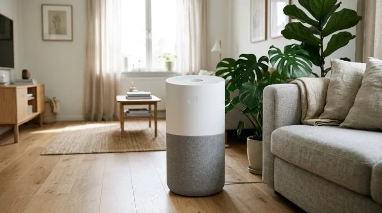 White cylindrical air purifier with a grey fabric base beside a sofa in a bright Scandinavian living room