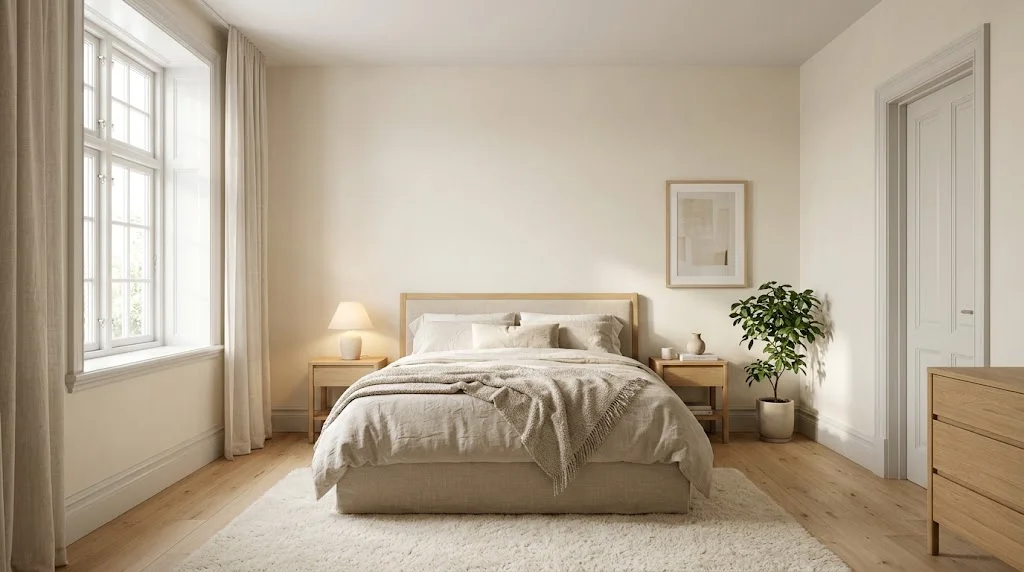 Scandinavian bedroom with Alabaster walls, Pure White trim, linen bed with oak headboard and warm lamp