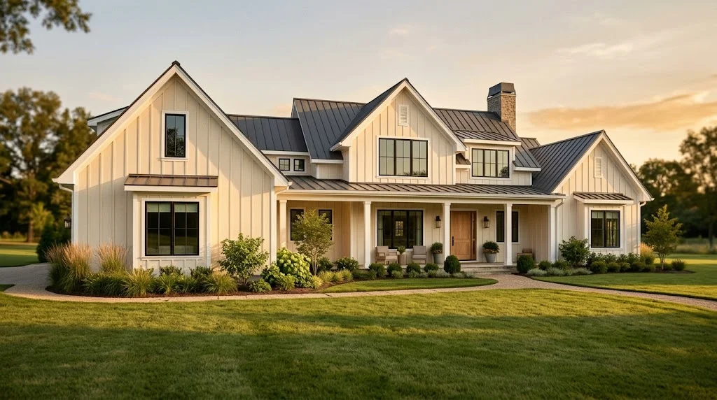 Farmhouse exterior with Alabaster board-and-batten siding, Pure White trim and black window frames
